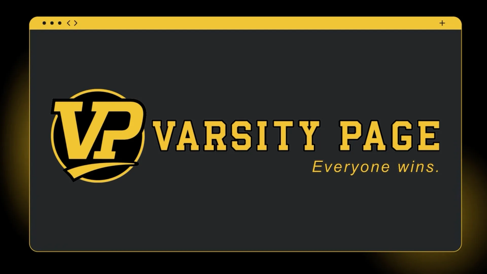Varsity Page promo video — the VP / Varsity Page logo and 'Everyone wins' tagline on a black and gold title card